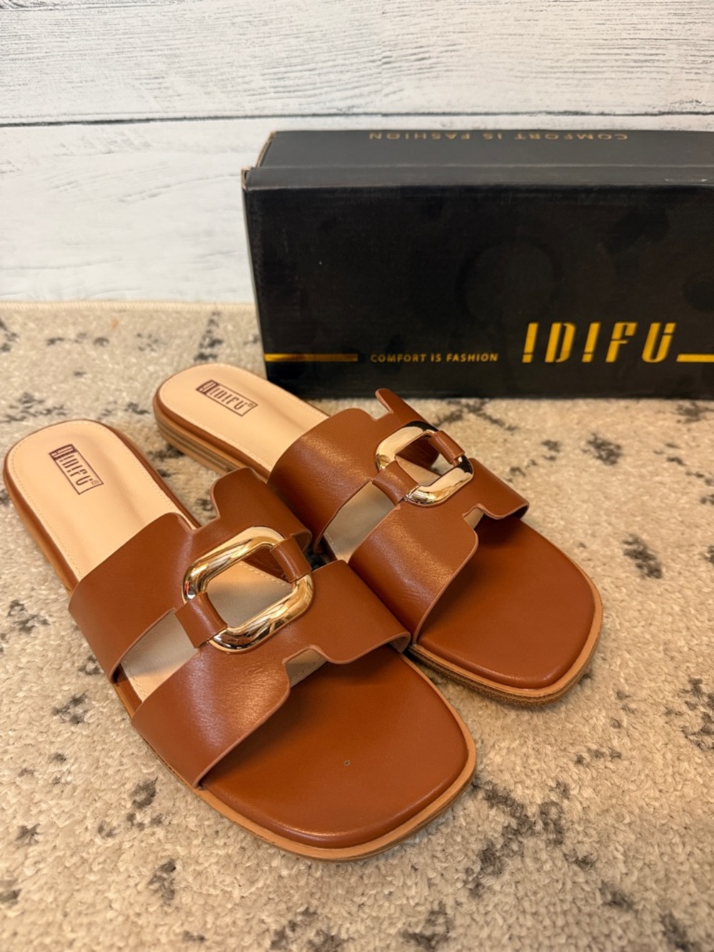 NWT IDIFU Women's Brown Slide Sandals with Gold Buckle